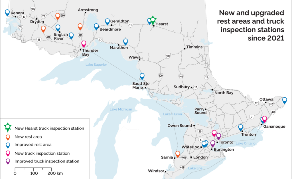 New and Upgraded rest areas and truck inspection stations since 2021, Ontario