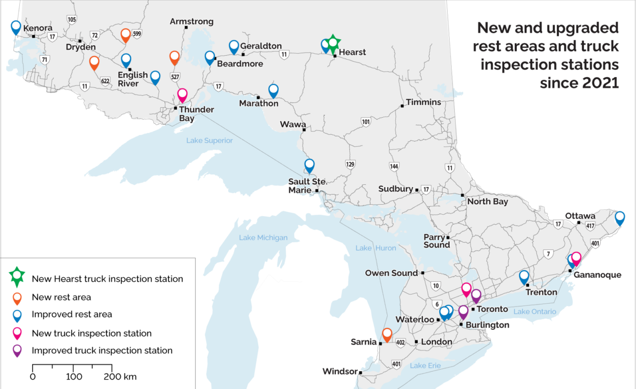 New and Upgraded rest areas and truck inspection stations since 2021, Ontario